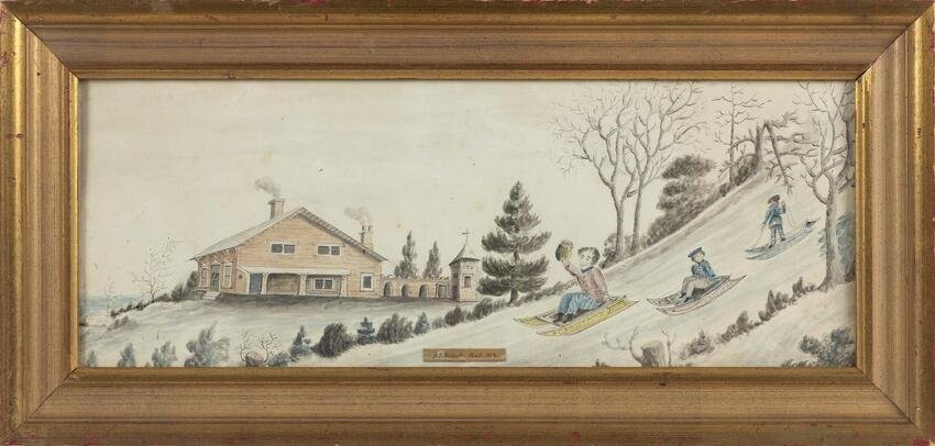 FOLK ART WATERCOLOR OF A SLEDDING SCENE Dated 1859 On