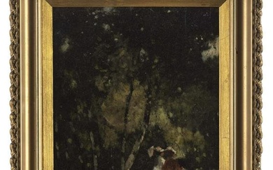 FRENCH SCHOOL (Late 19th Century,), A walk in the forest., Oil on board, 11" x 9". Framed 15" x 13".