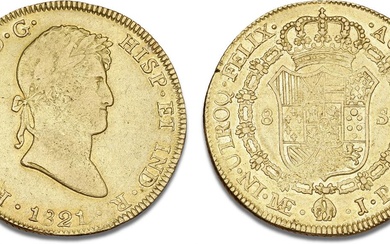 Fernando VII, 1808–1824, 8 Escudos 1821 JP, Lima, F 54, KM 129.1,...