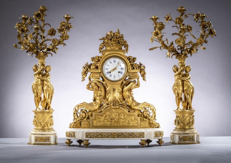 Fine Louis XVI style clock set in gilt bronze and marble by Cotiny ‡ Bruxel