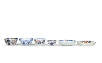 Five Chinese Imari cups and saucers and a blue and white bowl...