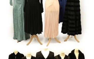 Five Circa 1920's-1930's Evening Dresses, comprising a black chiffon evening...