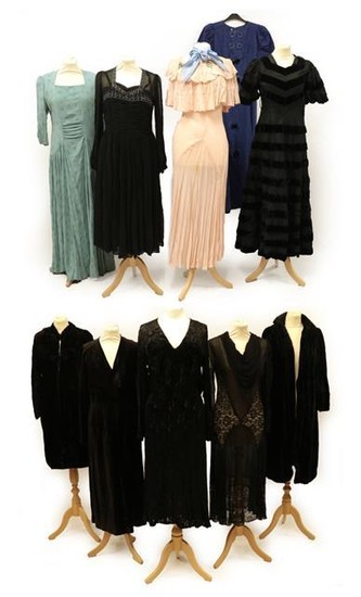 Five Circa 1920's-1930's Evening Dresses, comprising a black chiffon evening...
