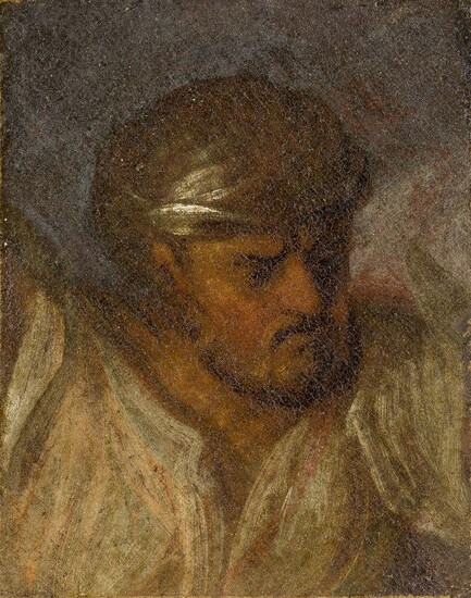 Flemish School, late 17th / early 18th century- Sketch of a man, possibly a soldier or an Ottoman; oil on paper laid down on board, 26.1 x 20 cm., (unframed). Provenance: Private Collection, UK. Note: Likely a fragment from a larger composition.