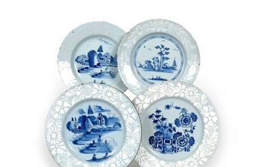 Four Bristol delftware plates c.1760-70, two painted with...