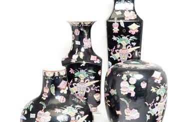 Four Chinese Black Ground Famille Rose Porcelain Items