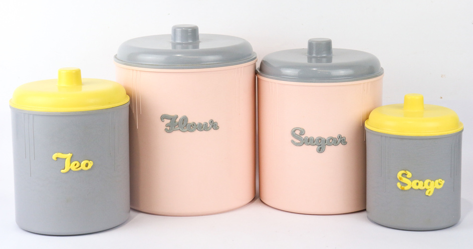 Four mid-century Eon (Australia) bakelite nesting kitchen canisters with matching...