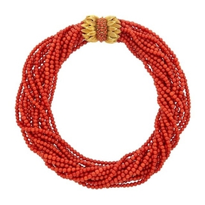 Fourteen Strand Coral Bead Torsade Necklace with Gold and Coral Clasp