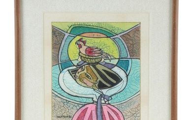 Framed Batik Textile Painting of Figure with Chicken, 1986