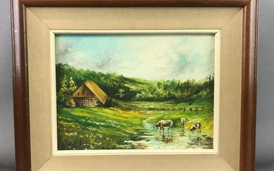 Framed artwork oil on board cottage and stream