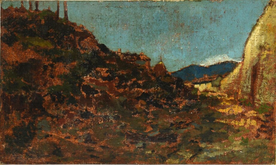 Francesco Gioli (1846 - 1922) PAESAGGIO olio su cartone telato, cm 15x24,5 firma