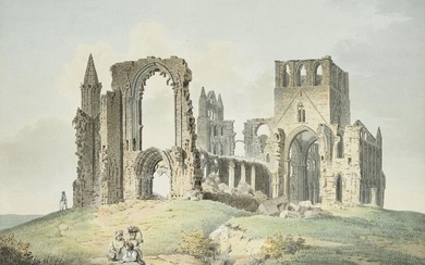Francis Nicholson O.W.S., British 1753-1844- Ruins of Whitby Abbey; pencil, pen and black ink, and watercolour on paper, with inscription 'Ruins of Whitby Abbey, Yorkshire F Nicholson Whitby' (on a label attached to the reverse of the frame), 35 x...