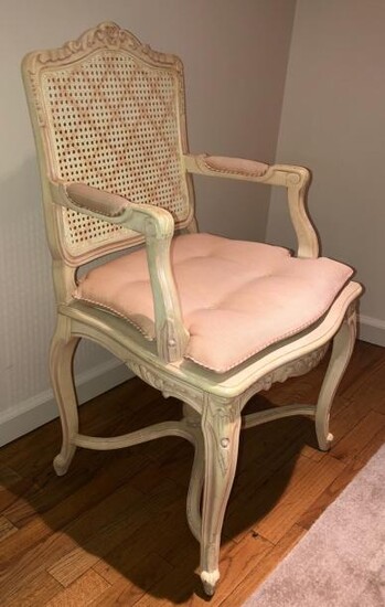 French Provencal Carved & Caned Arm Chair, Cushion