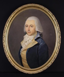 French School, Oil on Canvas: A Late 18th Century Head & Shoulders Oval Portrait of a Gentleman wearing a powdered wig , white jabot, cream waistcoat and blue frock coat, 30 in x 24 in (76 cm x 61 cm). Set in a modern decorative gilt frame 34 in x 28