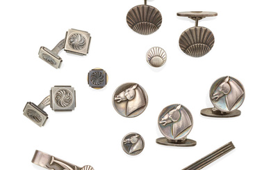 GEORG JENSEN: A GROUP OF SILVER CUFFLINKS, TIE CLIPS AND...