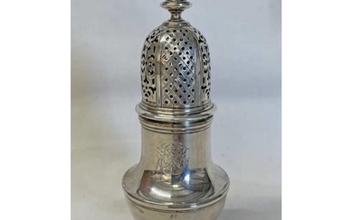 GEORGE II SILVER SUGAR CASTER WITH PIERCED DECORATION BY CHA...