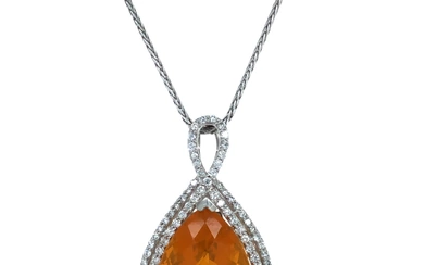 GIA Fire Opal and Diamond Halo Necklace