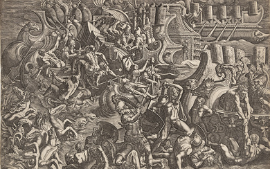 GIOVANNI B. GHISI (AFTER GIULIO ROMANO) The Trojans Repelling the Greeks. Engraving, 1538...