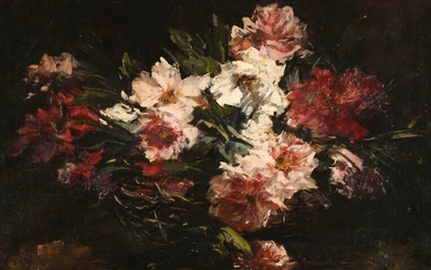 Georges JEANNIN (1841-1925) "Nature morte au panier fleuri" hst sbg. 58x78 cm (accident restaurations)