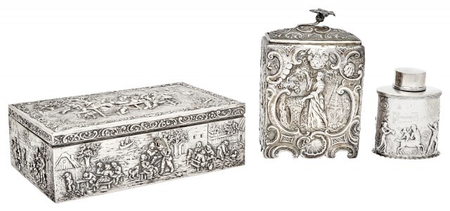 German Rococo Style Silver Tea Caddy with Blossom Finial; Together with a Victorian Sterling Silver Oval Tea Caddy and a Continental 800 Quality Silver Fabric-Lined Jewelry Box