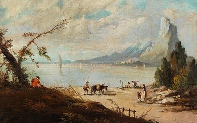Giacomo Guardi, 1764 – 1835, zug., CAPRICCIO SÜDITALIENISCHER FLUSSLANDSCHAFT MIT STAFFAGEFIGUREN