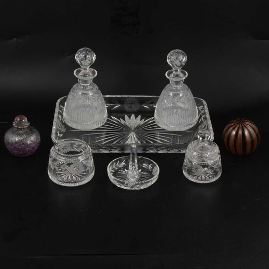 Glass dressing table set, scent bottle and paperweight.