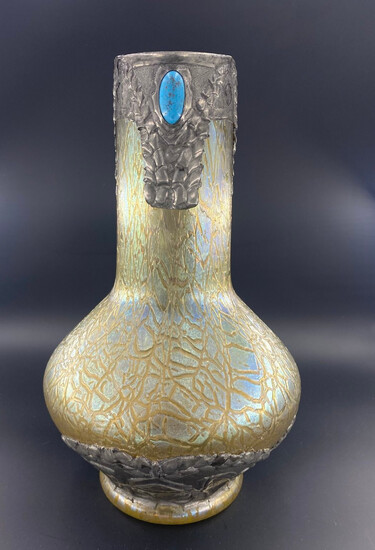 Glass vase with pewter mount, yellow / turquoise.