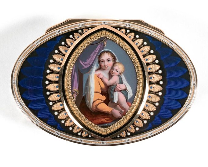 Gold snuffbox, oval-shaped, with translucent blue-king enamelled sides on a guilloche background of palms, the lid adorned with a miniature shuttle-shaped, painted in colour on Madonna and Child enamel after Raphael, surrounded by a frieze and...