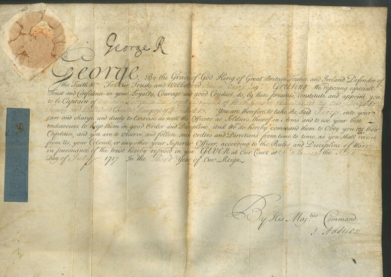 Great Britain King George I 1717 (6 July) military appointment on vellum signed "George R" at t...