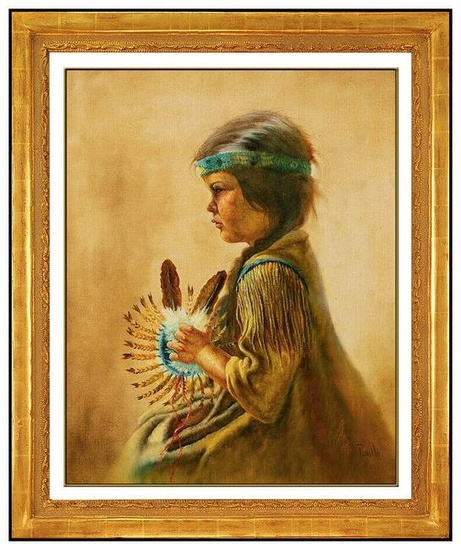 Gregory Perillo Oil Painting On Canvas Signed Native American Child Portrait Art