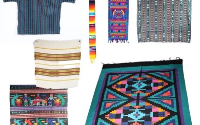 Group of 7 Central / South American style textiles, including a blanket, dashiki, sash, 24" bust x