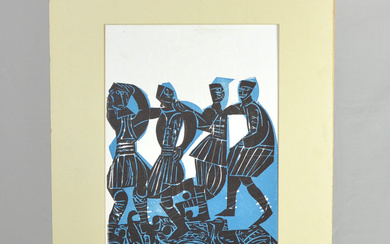 HELMUT ANDREAS PAUL GRIESHABER. DANCING GREEKS, COLOR WOODCUT, 1973, SIGNED BY HAND.
