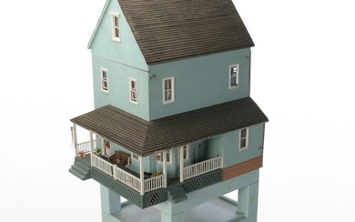 Handmade Painted Wood Dollhouse on Stand with Furnishings, Mid to Late 20th C.
