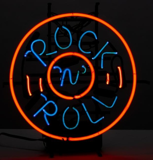 Hanging Neon Sign "Rock 'N' Roll", 16" diameter, overall frame measures 18" x 19", in good working