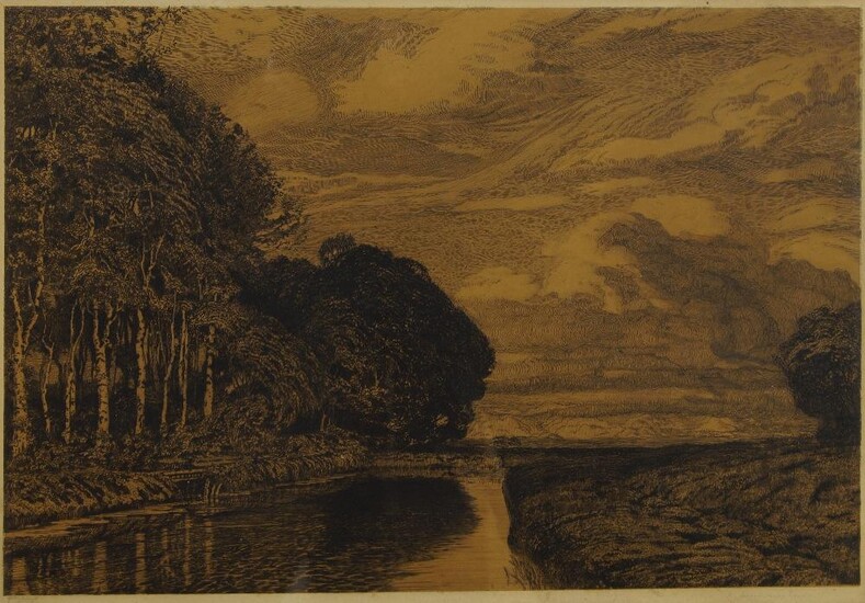 Hans am Ende, German 1864-1918- River landscape with trees; etching, signed and indistinctly inscribed in pencil, 40.7 x 57.5 cm.