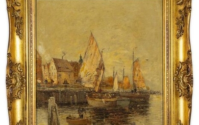 Harbor Scene Oil Painting, Signed Wells