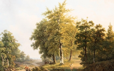 Hendrik Verpoeken (1791-1869), wooded landscape with figures near a pond, oil on canvas, 66 x 83 cm