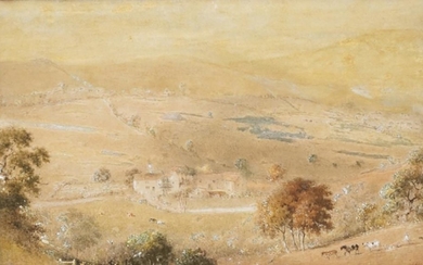Henry Burn (1807-1884) - Valley Landscape with Farm Houses and Figures 15.5 x 25.5 cm