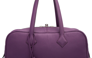 Hermès 35cm Iris Clemence Leather Victoria Bag with Palladium...