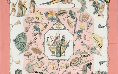 SOLD. Hermès: A white and light pink silk scarf with motive "Ombrelles Et Parapluies" by...