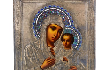 Icon of the Tikhvin Most Holy Theotokos in a silver...
