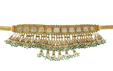 Indian Gold, Painted Hindu Diety, Enamel, Foil-Backed Ruby, Freshwater Pearl and Green Glass Bead