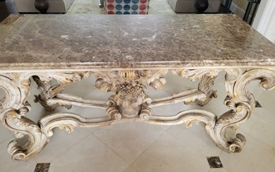 Italian Provincial Style Carved Wood Console with Marble Top Ca. 1990, H 35" W 30" L 70"