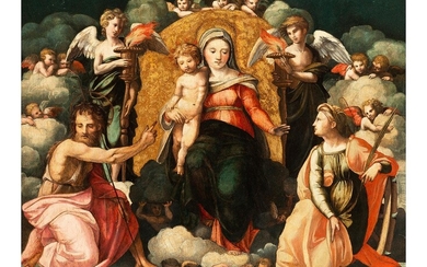 Italienischer Maler Mitte des 16. Jahrhunderts, THRONENDE MADONNA ZWISCHEN HEILIGEN UND ENGELN