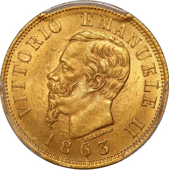 Italy, gold 10 Lire, 1863-T BN, Vittorio Emanuele II at obverse, (Fr.15)
