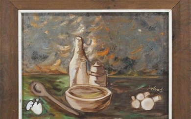 J WOOD, Oil/c, 20th C. Modernism Still Life Painting
