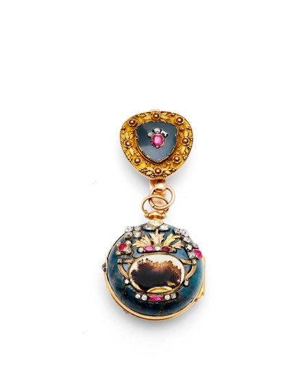 Jacob Debaufre, London. A gold and bloodstone key wind open face pocket watch later enhanced with diamonds, rubies and moss agate