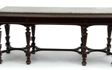 Jacobean Style Carved Mahogany And Granite Top Console Table, Ca. 1940, H 31" W 28" L 72"