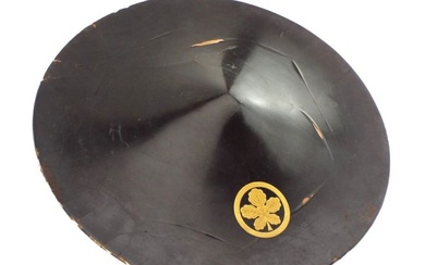 Japanese Black Lacquer Jingasa Samurai Hat with Family Crest MON
