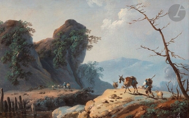 Jean Baptiste PILLEMENT (Lyon 1728 - 1808)Un berger et son troupeau près d’un fleuveToile25 x...
